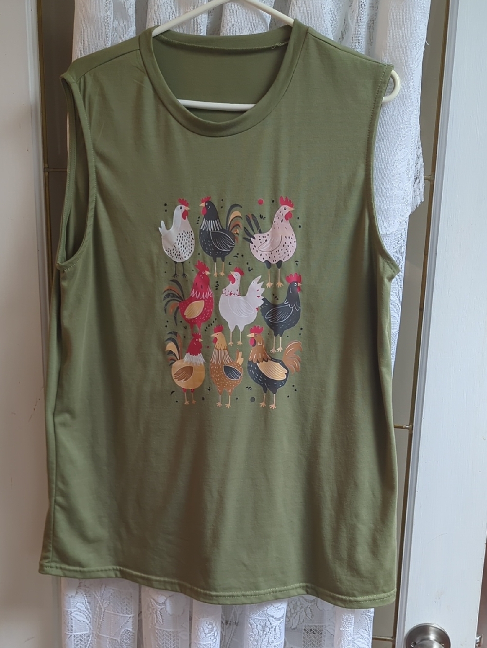 Sleeveless Olive Green Women's Tank with Rooster Print